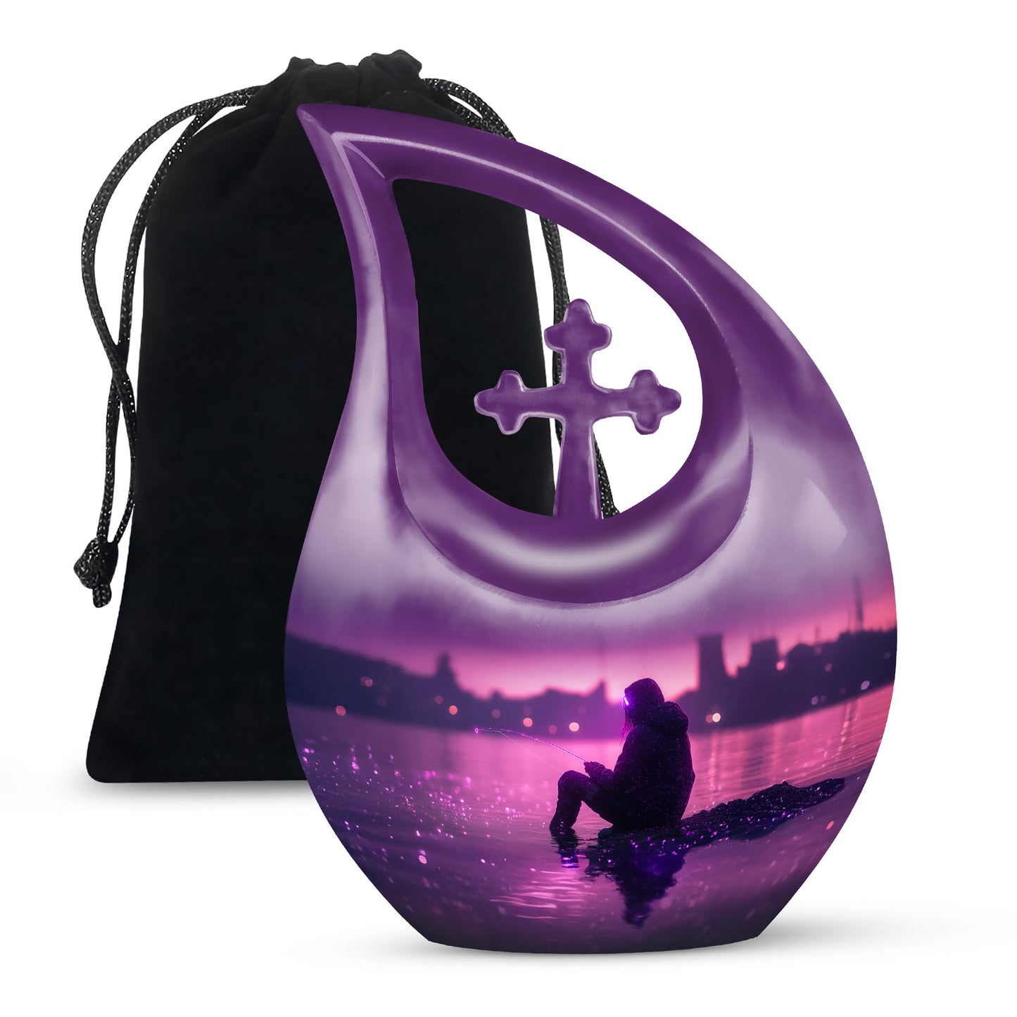 Grape Purple Fishing Cremation Urn top-down view of secure threaded lid - faith-inspired cross-drop urn with fishing pattern - full-size 10 inch 200 cubic inch adult cremation urn
