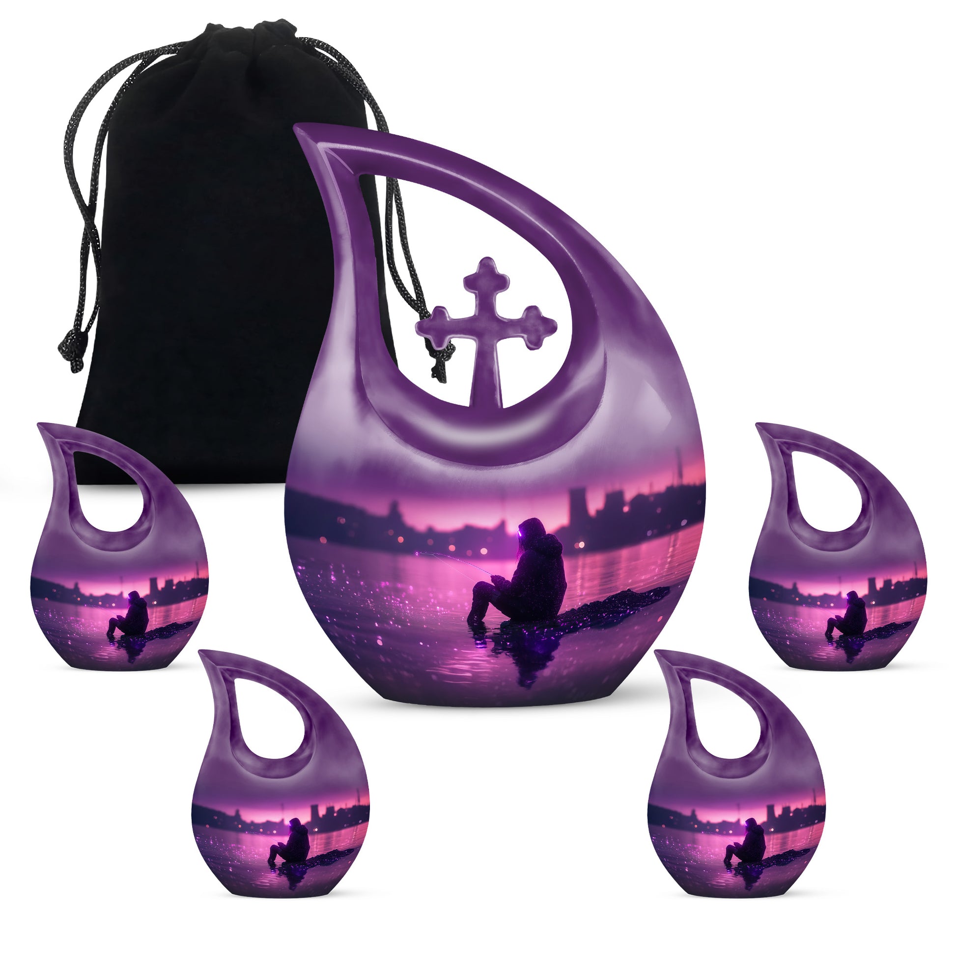 Violet Purple Fishing Cremation Urn urn with complimentary velvet bag - devotional cross-drop fishing engraving - memorial set with one large and four small urns
