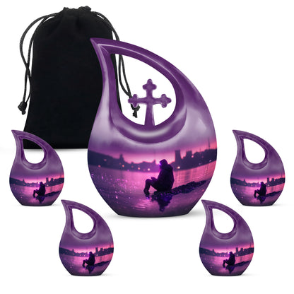 Violet Purple Fishing Cremation Urn urn with complimentary velvet bag - devotional cross-drop fishing engraving - memorial set with one large and four small urns