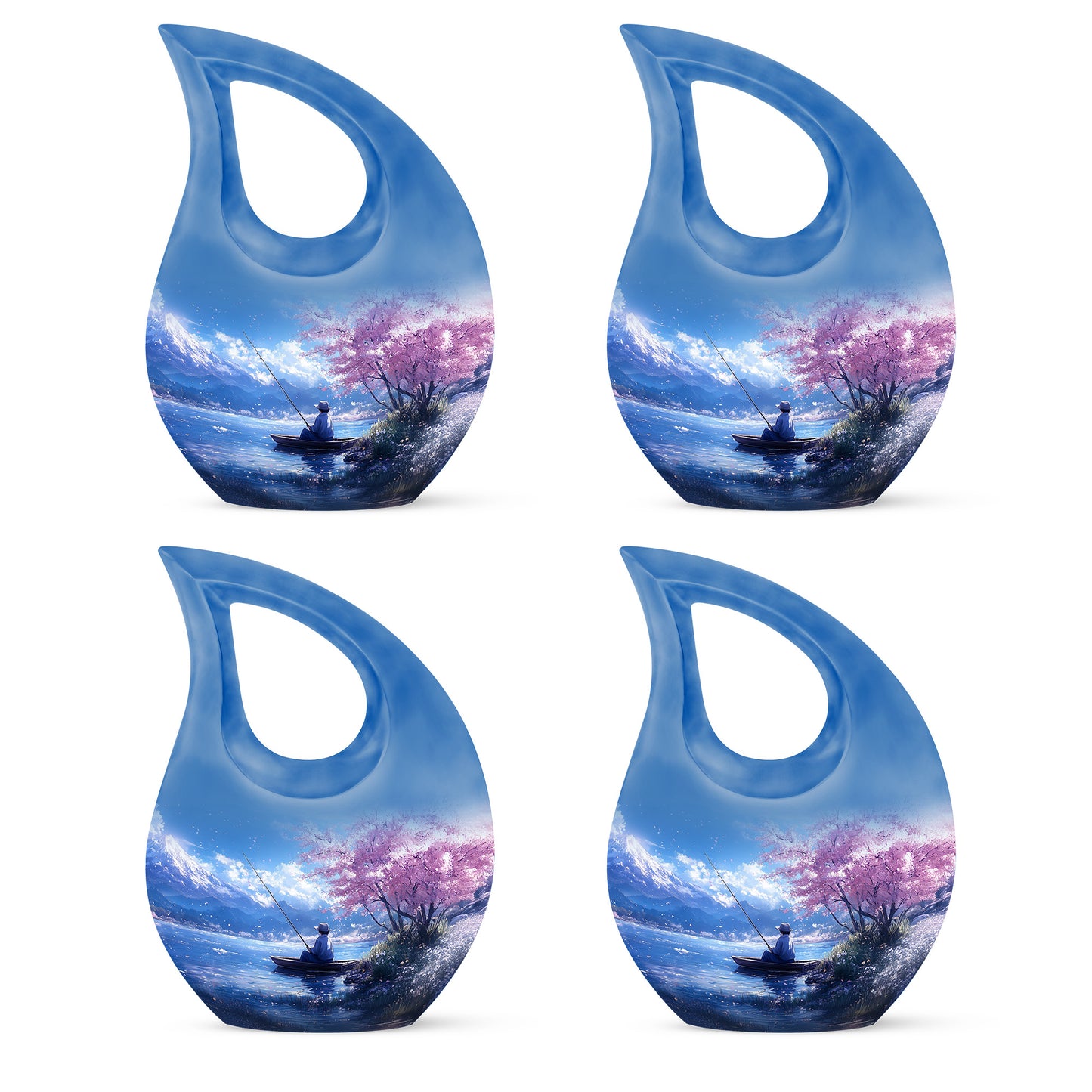 Serene Blue Fishing Cremation Urn lifestyle display on memorial shelf - faith-inspired cross-drop urn with fishing pattern - 10 inch aluminum urn for cremated remains