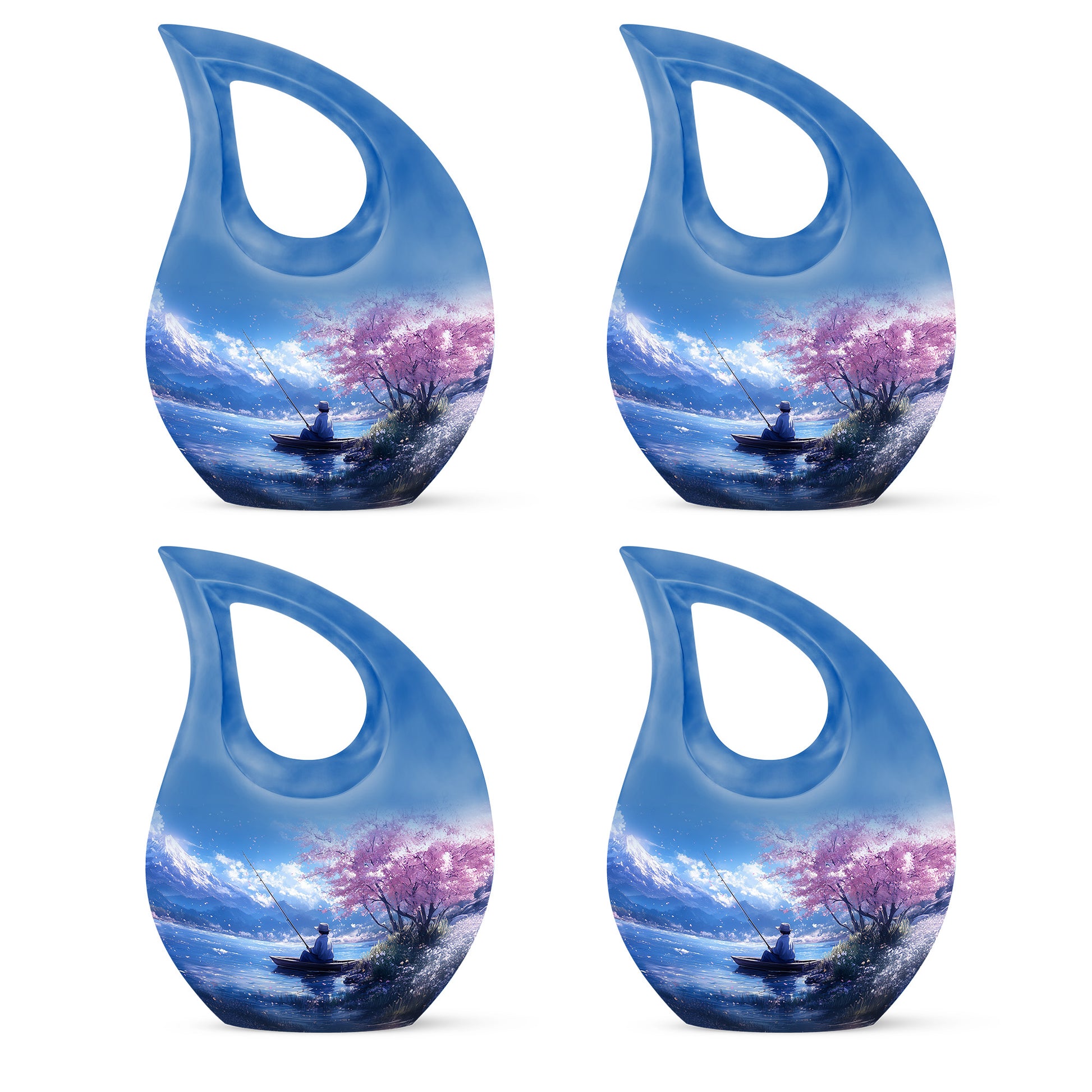 Serene Blue Fishing Cremation Urn lifestyle display on memorial shelf - faith-inspired cross-drop urn with fishing pattern - 10 inch aluminum urn for cremated remains