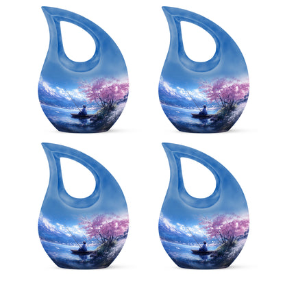 Serene Blue Fishing Cremation Urn lifestyle display on memorial shelf - faith-inspired cross-drop urn with fishing pattern - 10 inch aluminum urn for cremated remains