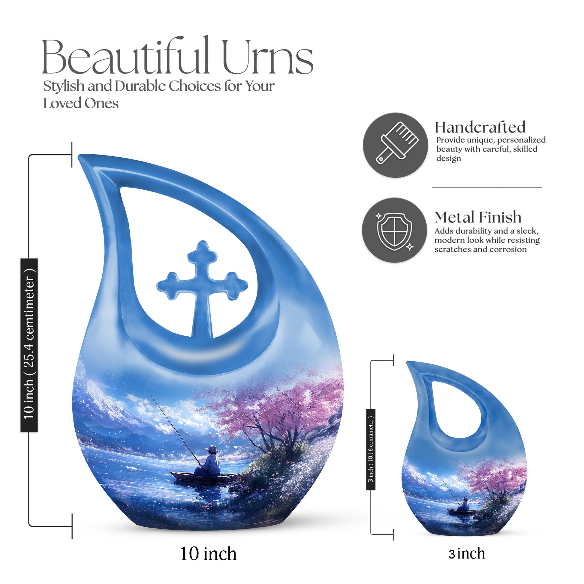 Sky Blue Fishing Cremation Urn back view with polished surface - cross and fishing combined in spiritual memorial design - mini keepsake memorial for portion of cremation ashes