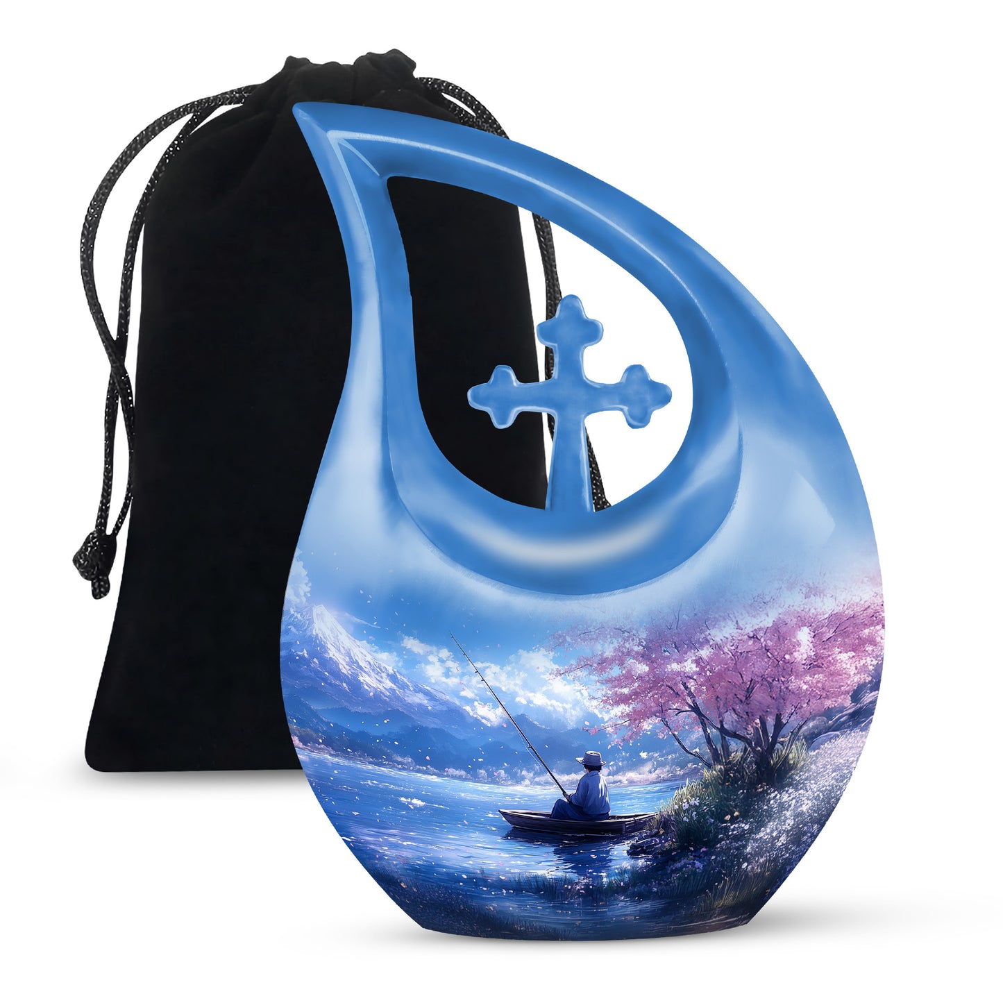 Dusty Blue Fishing Cremation Urn top-down view of secure threaded lid - sacred cross merged with fishing motif on metal - full-size 10 inch 200 cubic inch adult cremation urn