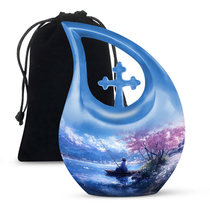 Dusty Blue Fishing Cremation Urn top-down view of secure threaded lid - sacred cross merged with fishing motif on metal - full-size 10 inch 200 cubic inch adult cremation urn