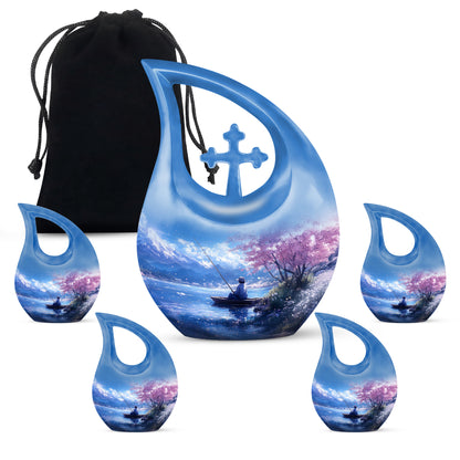 Celestial Blue Fishing Cremation Urn urn with complimentary velvet bag - cross and fishing combined in spiritual memorial design - memorial set with one large and four small urns