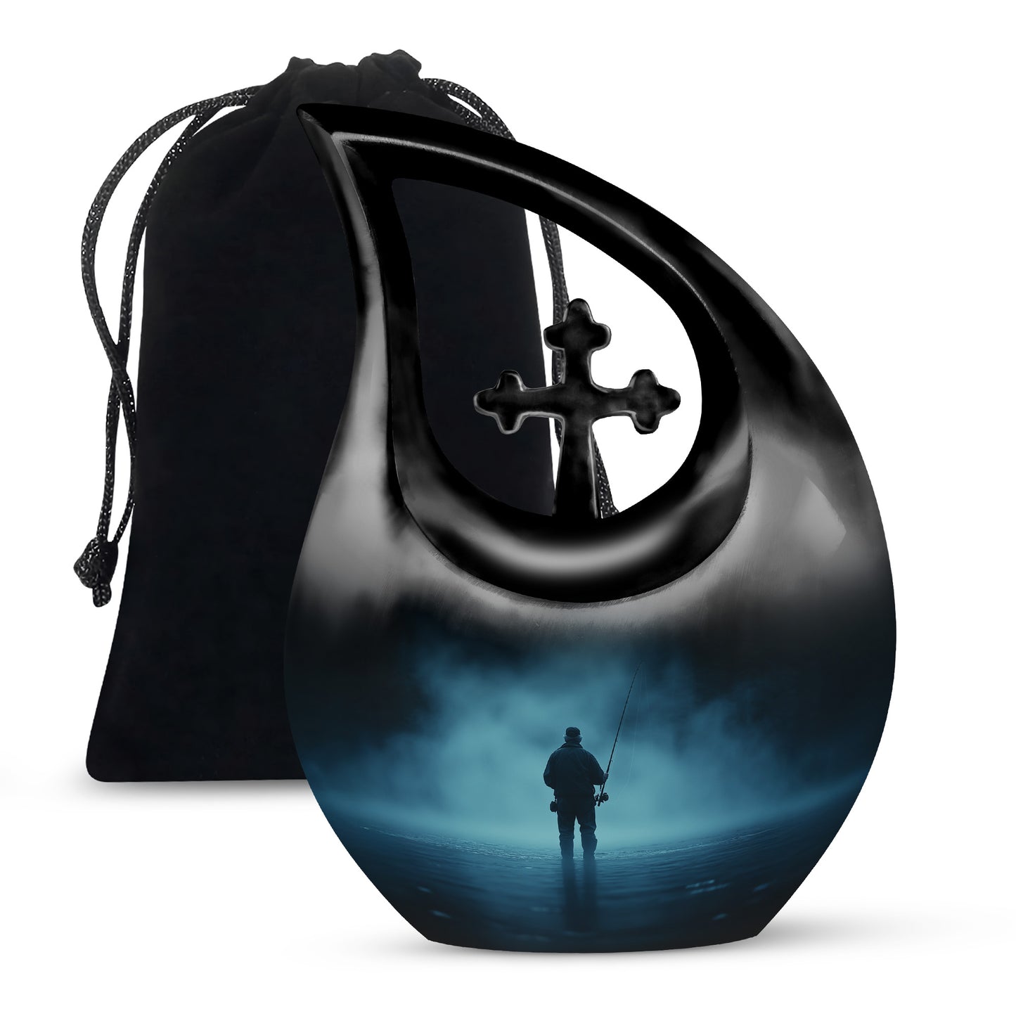 Azure Fishing Cremation Urn top-down view of secure threaded lid - sacred cross merged with fishing motif on metal - full-size 10 inch 200 cubic inch adult cremation urn