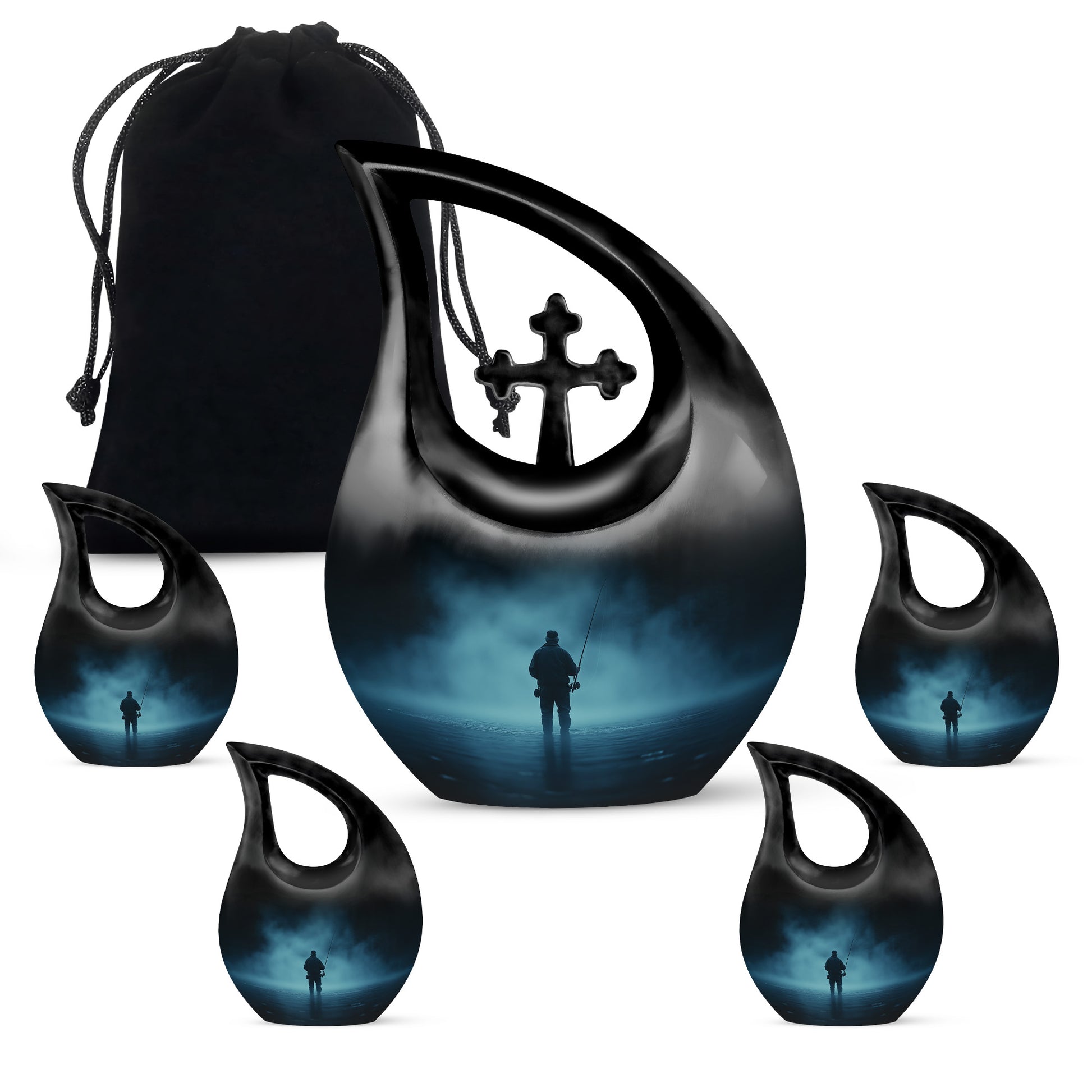 Slate Blue Fishing Cremation Urn urn with complimentary velvet bag - cross and fishing combined in spiritual memorial design - memorial set with one large and four small urns