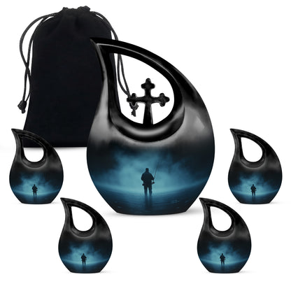 Slate Blue Fishing Cremation Urn urn with complimentary velvet bag - cross and fishing combined in spiritual memorial design - memorial set with one large and four small urns
