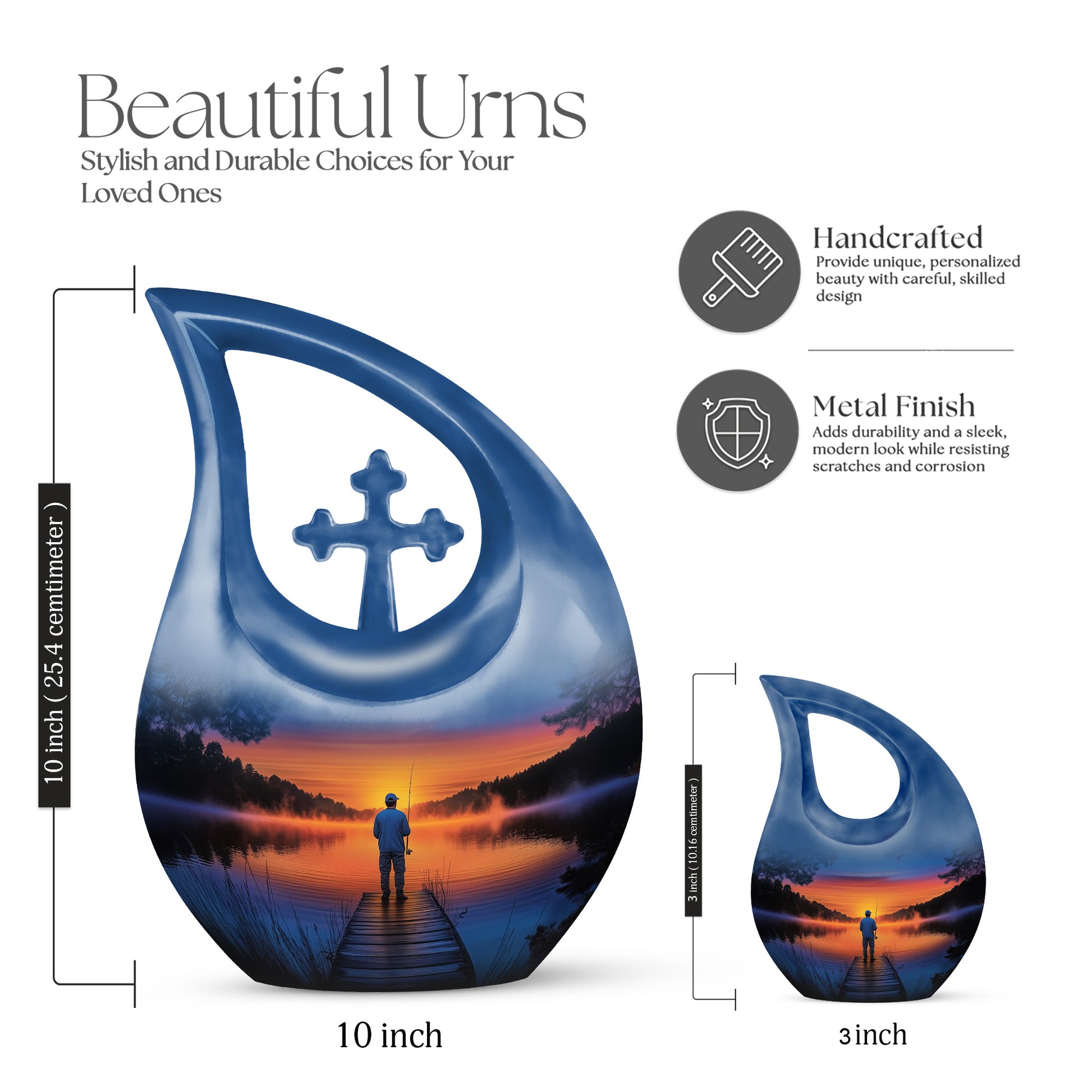 Sapphire Blue Fishing Cremation Urn back view with polished surface - faith-inspired cross-drop urn with fishing pattern - mini keepsake memorial for portion of cremation ashes