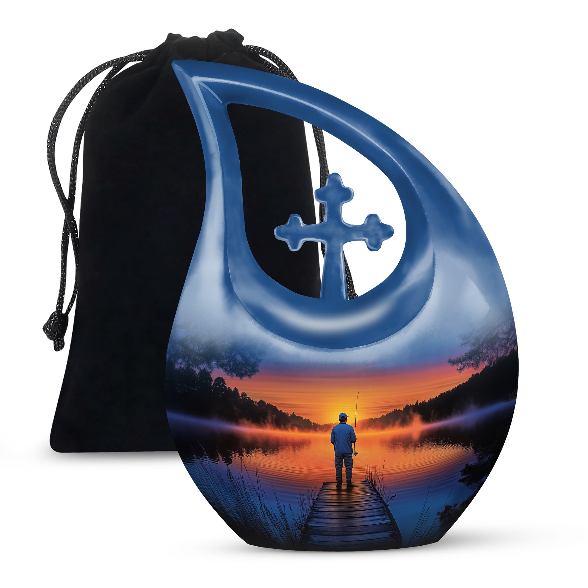 Indigo Fishing Cremation Urn top-down view of secure threaded lid - cross and fishing combined in spiritual memorial design - full-size 10 inch 200 cubic inch adult cremation urn