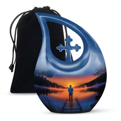 Indigo Fishing Cremation Urn top-down view of secure threaded lid - cross and fishing combined in spiritual memorial design - full-size 10 inch 200 cubic inch adult cremation urn