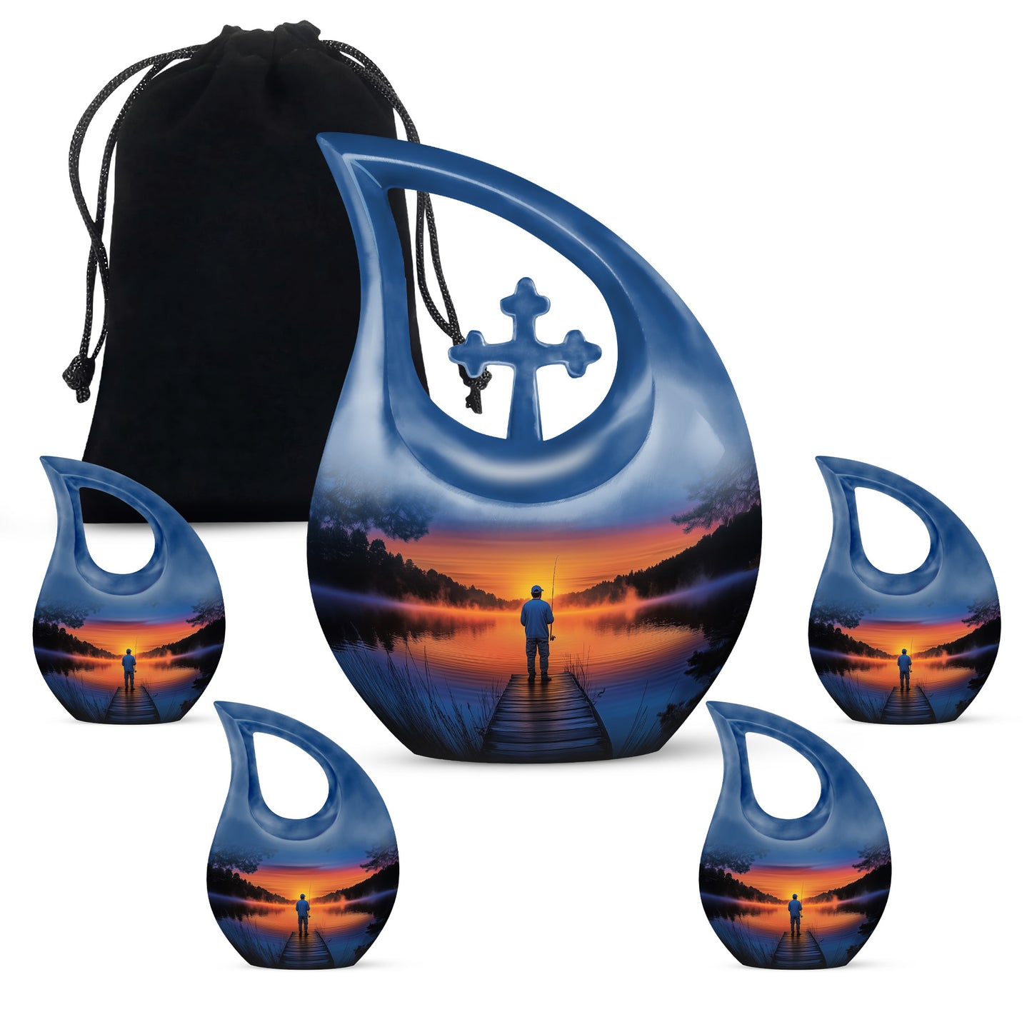 Dusty Blue Fishing Cremation Urn urn with complimentary velvet bag - sacred cross merged with fishing motif on metal - memorial set with one large and four small urns