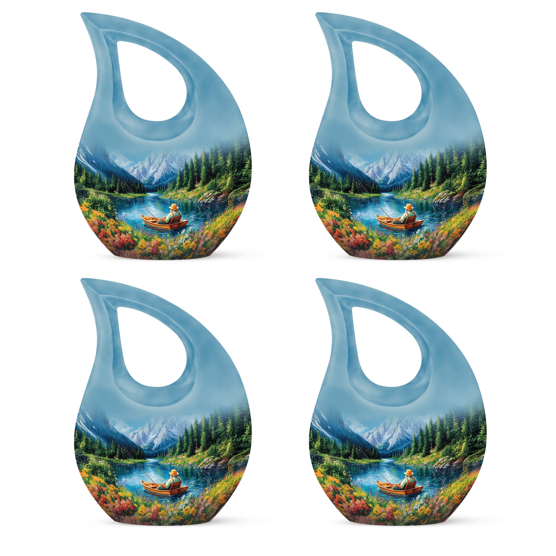 Sky Blue Fishing Cremation Urn lifestyle display on memorial shelf - cross and fishing combined in spiritual memorial design - 10 inch aluminum urn for cremated remains