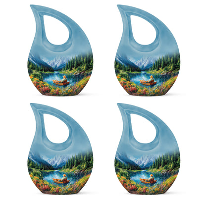 Sky Blue Fishing Cremation Urn lifestyle display on memorial shelf - cross and fishing combined in spiritual memorial design - 10 inch aluminum urn for cremated remains
