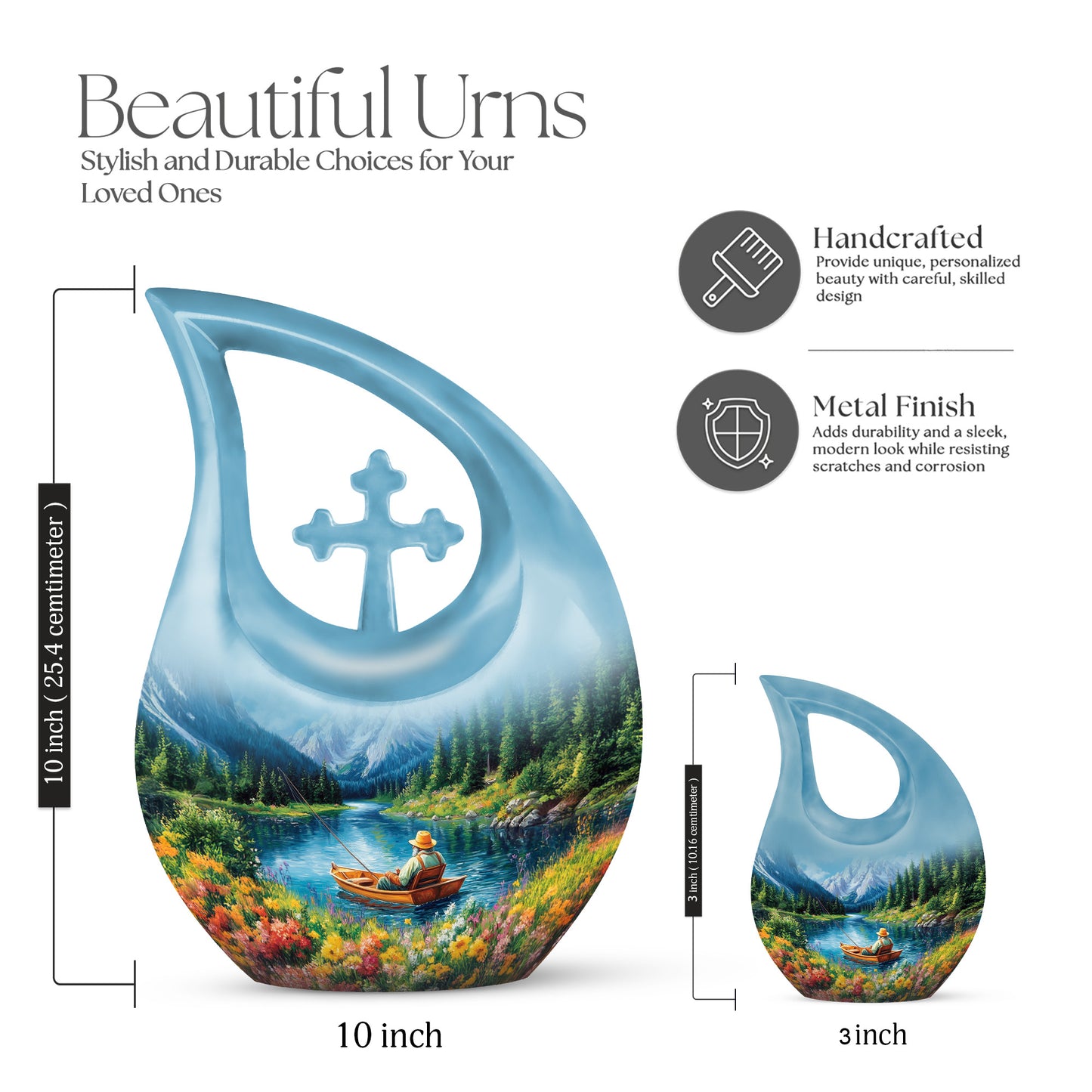Misty Blue Fishing Cremation Urn back view with polished surface - cross and fishing combined in spiritual memorial design - mini keepsake memorial for portion of cremation ashes