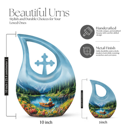Misty Blue Fishing Cremation Urn back view with polished surface - cross and fishing combined in spiritual memorial design - mini keepsake memorial for portion of cremation ashes
