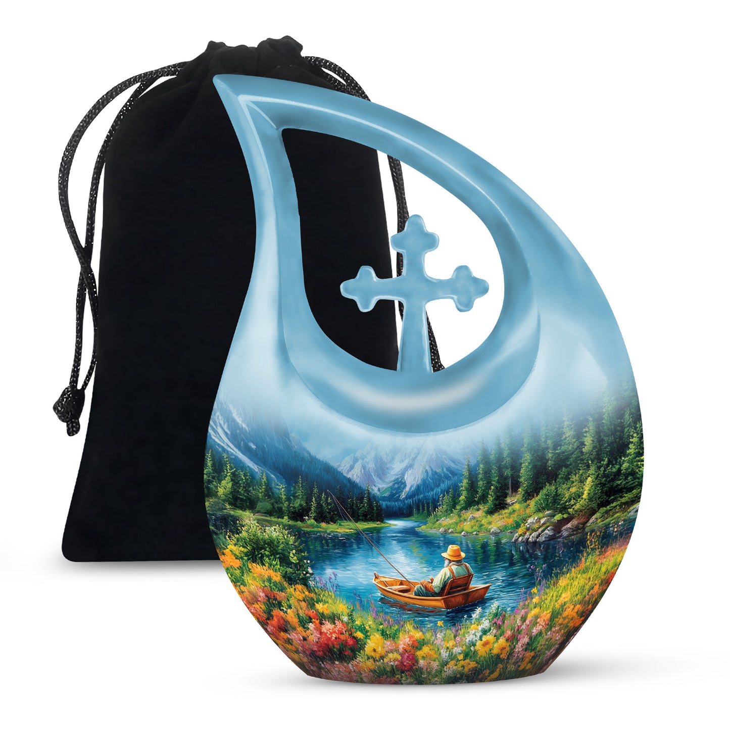 Pastel Blue Fishing Cremation Urn top-down view of secure threaded lid - sacred cross merged with fishing motif on metal - full-size 10 inch 200 cubic inch adult cremation urn