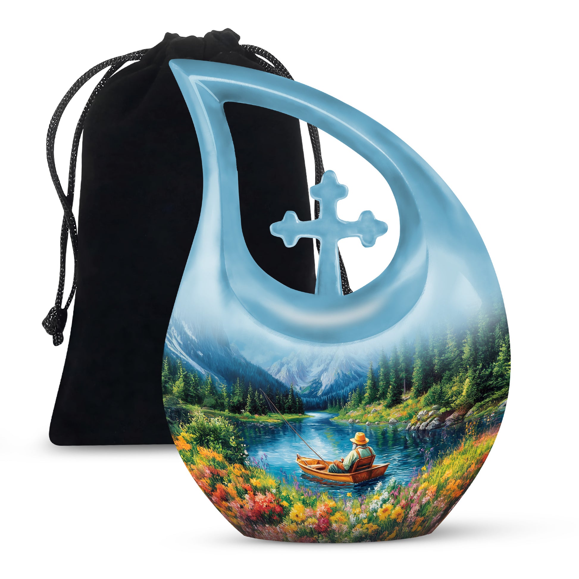 Pastel Blue Fishing Cremation Urn top-down view of secure threaded lid - sacred cross merged with fishing motif on metal - full-size 10 inch 200 cubic inch adult cremation urn