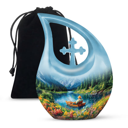 Pastel Blue Fishing Cremation Urn top-down view of secure threaded lid - sacred cross merged with fishing motif on metal - full-size 10 inch 200 cubic inch adult cremation urn