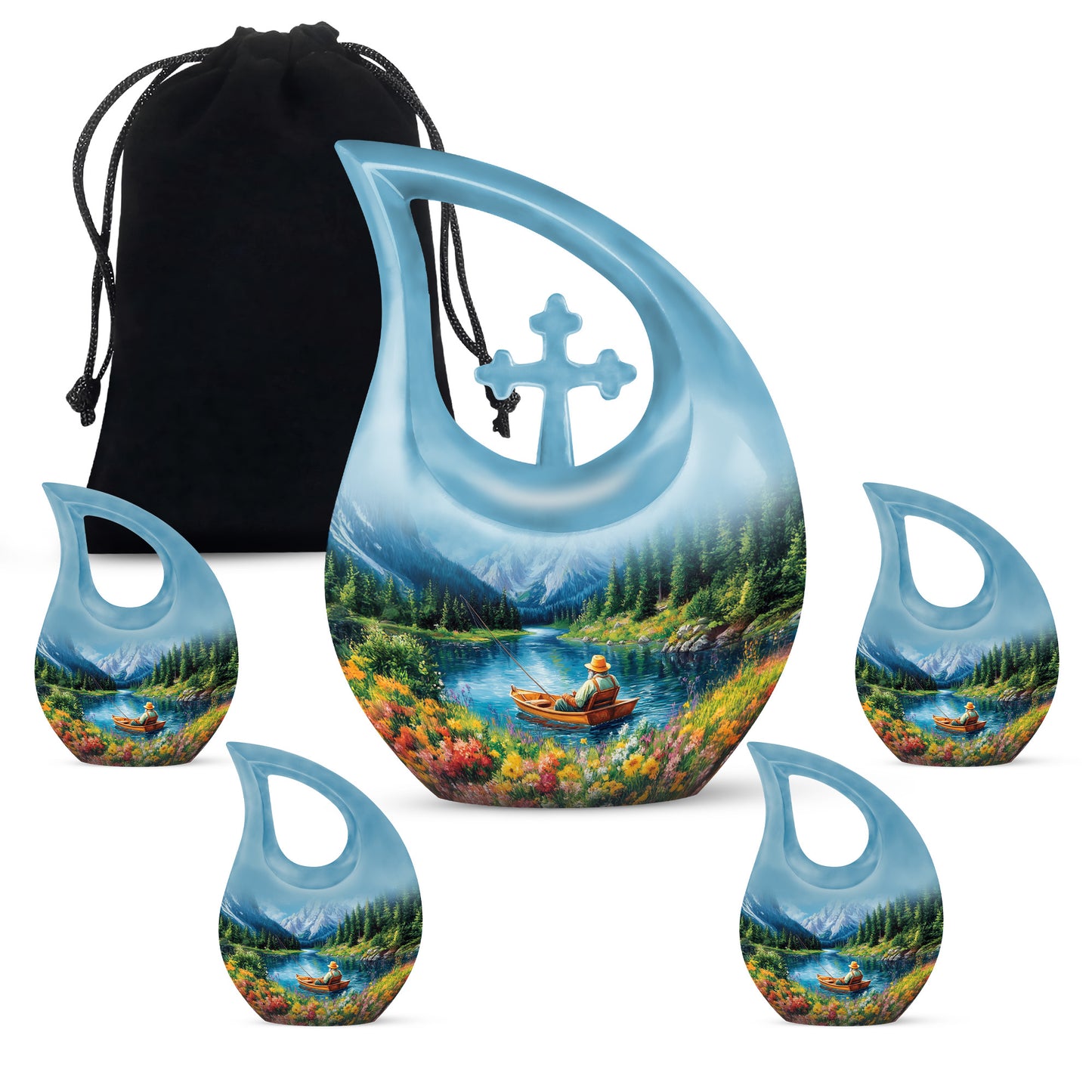 Steel Blue Fishing Cremation Urn urn with complimentary velvet bag - devotional cross-drop fishing engraving - memorial set with one large and four small urns