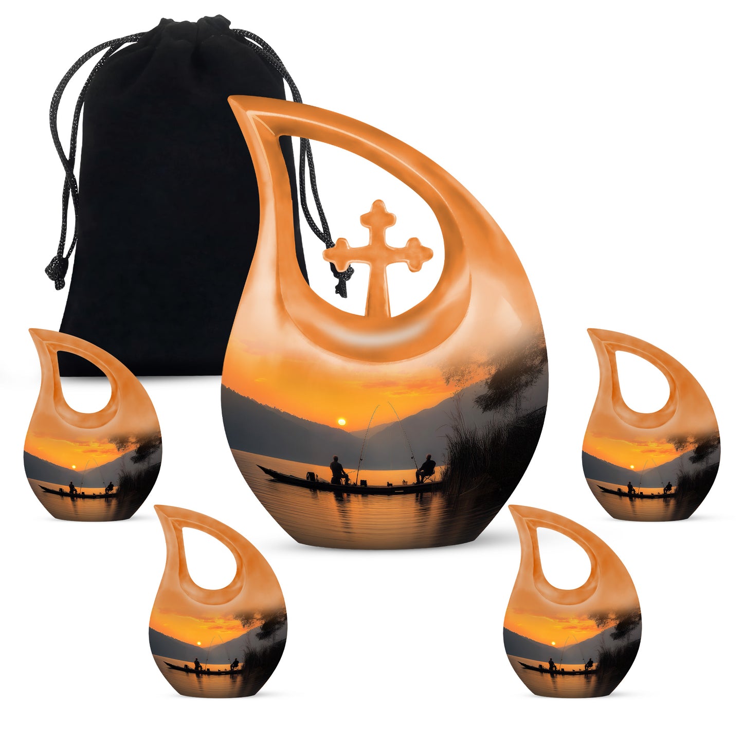 Amber Gold Fishing Cremation Urn urn with complimentary velvet bag - cross and fishing combined in spiritual memorial design - memorial set with one large and four small urns