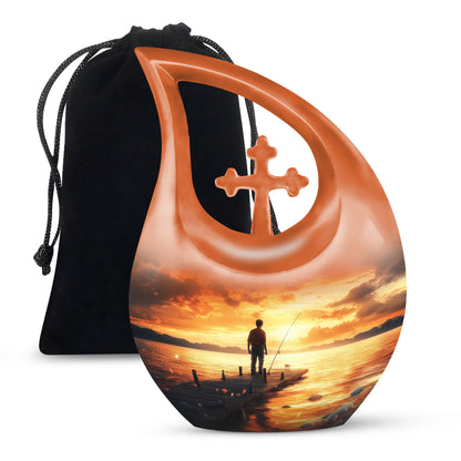Royal Gold Fishing Cremation Urn top-down view of secure threaded lid - faith-inspired cross-drop urn with fishing pattern - full-size 10 inch 200 cubic inch adult cremation urn