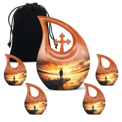 Amber Gold Fishing Cremation Urn urn with complimentary velvet bag - cross and fishing combined in spiritual memorial design - memorial set with one large and four small urns