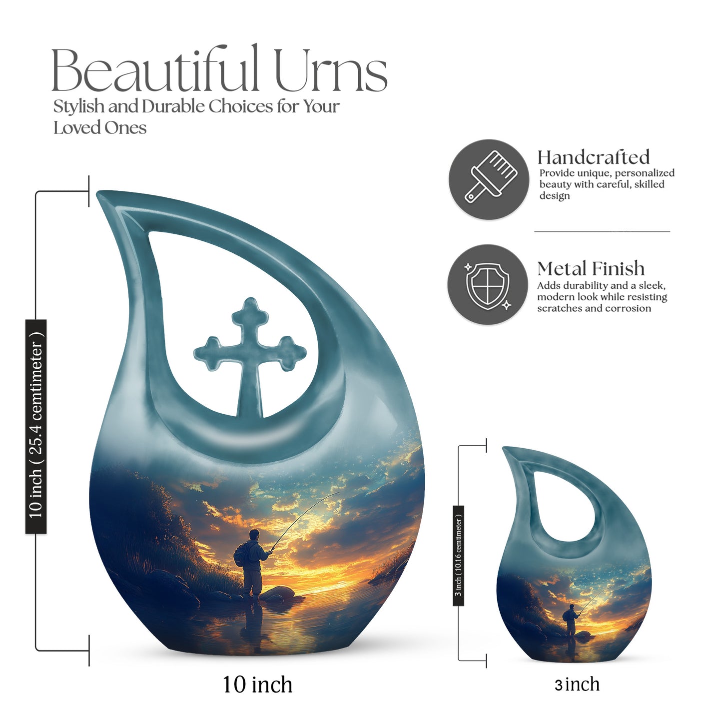 Steel Blue Fishing Cremation Urn back view with polished surface - faith-inspired cross-drop urn with fishing pattern - mini keepsake memorial for portion of cremation ashes