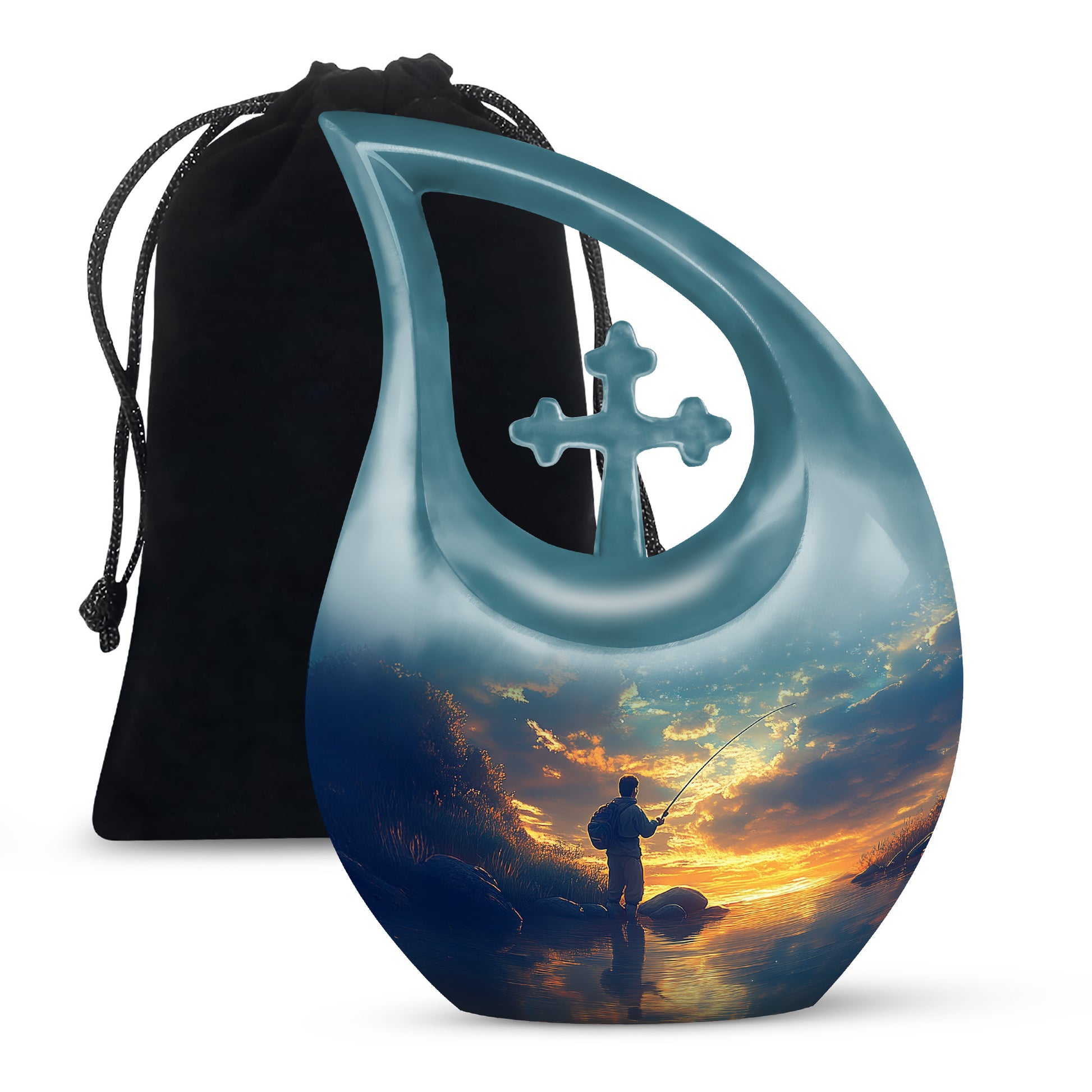Sky Blue Fishing Cremation Urn top-down view of secure threaded lid - sacred cross merged with fishing motif on metal - full-size 10 inch 200 cubic inch adult cremation urn