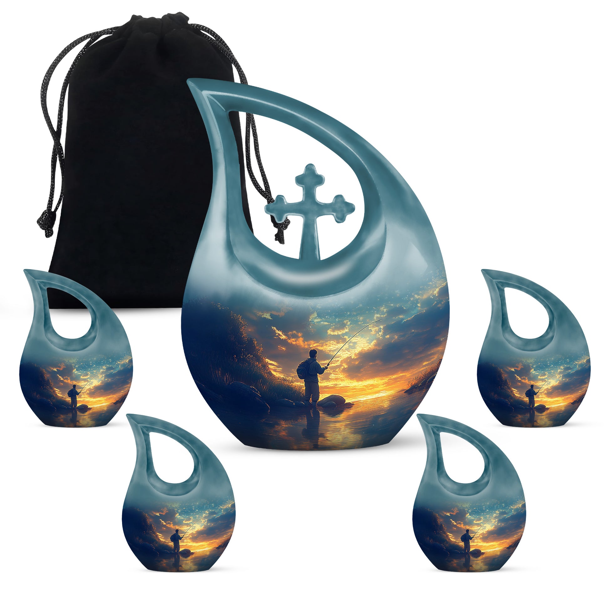 Navy Blue Fishing Cremation Urn urn with complimentary velvet bag - sacred cross merged with fishing motif on metal - memorial set with one large and four small urns