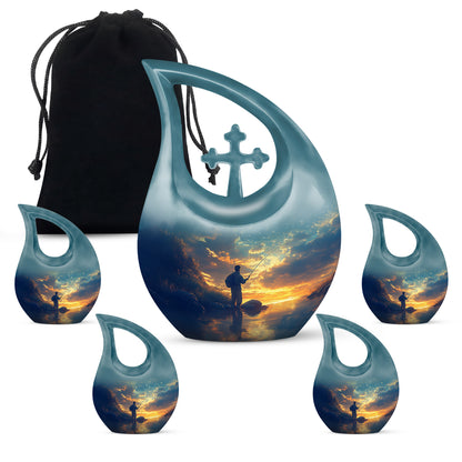 Navy Blue Fishing Cremation Urn urn with complimentary velvet bag - sacred cross merged with fishing motif on metal - memorial set with one large and four small urns