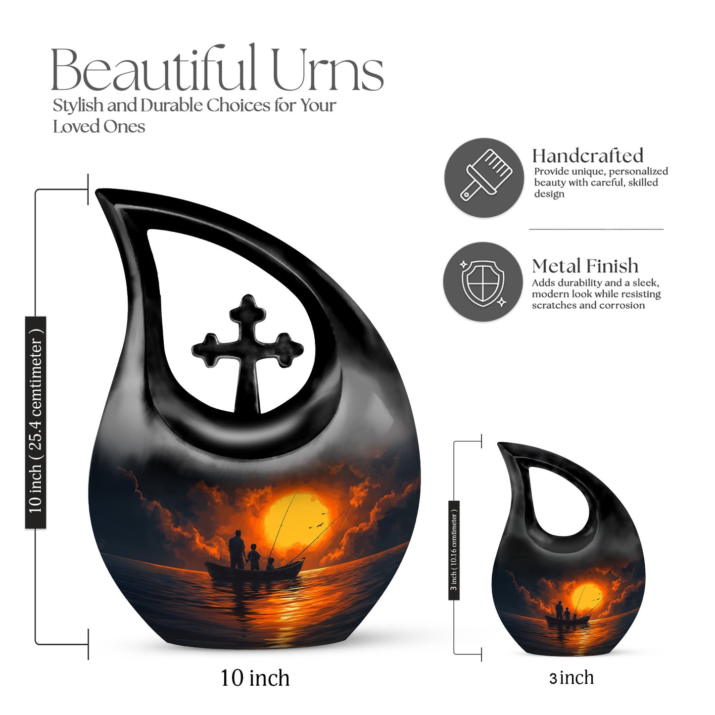 Serene Blue Fishing Cremation Urn back view with polished surface - faith-inspired cross-drop urn with fishing pattern - mini keepsake memorial for portion of cremation ashes