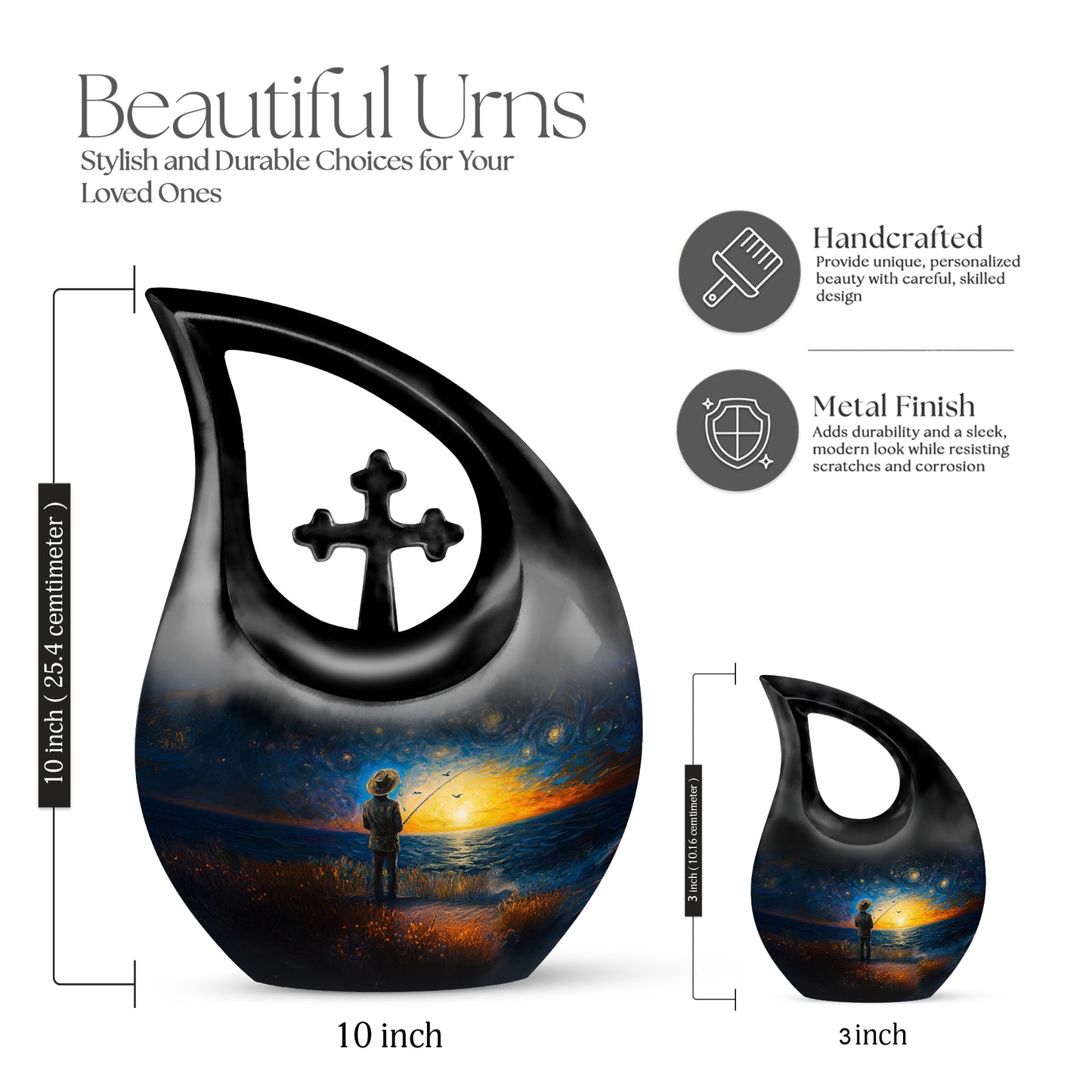 Indigo Fishing Cremation Urn back view with polished surface - cross and fishing combined in spiritual memorial design - mini keepsake memorial for portion of cremation ashes