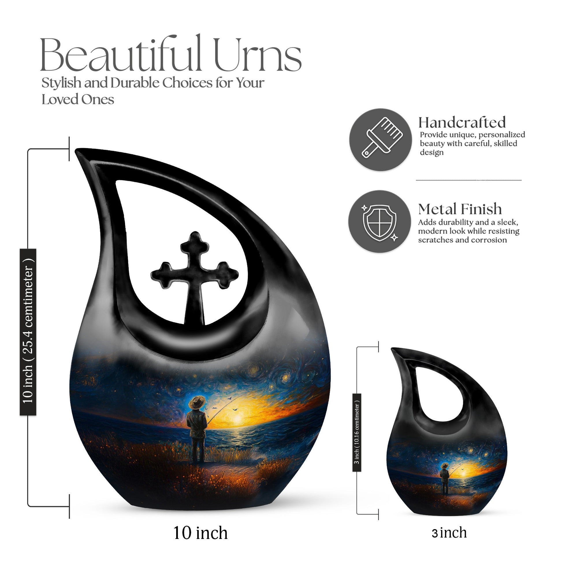 Indigo Fishing Cremation Urn back view with polished surface - cross and fishing combined in spiritual memorial design - mini keepsake memorial for portion of cremation ashes