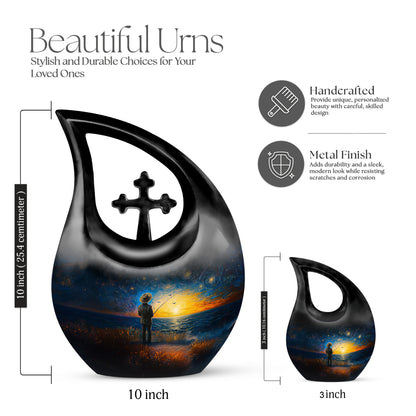 Indigo Fishing Cremation Urn back view with polished surface - cross and fishing combined in spiritual memorial design - mini keepsake memorial for portion of cremation ashes