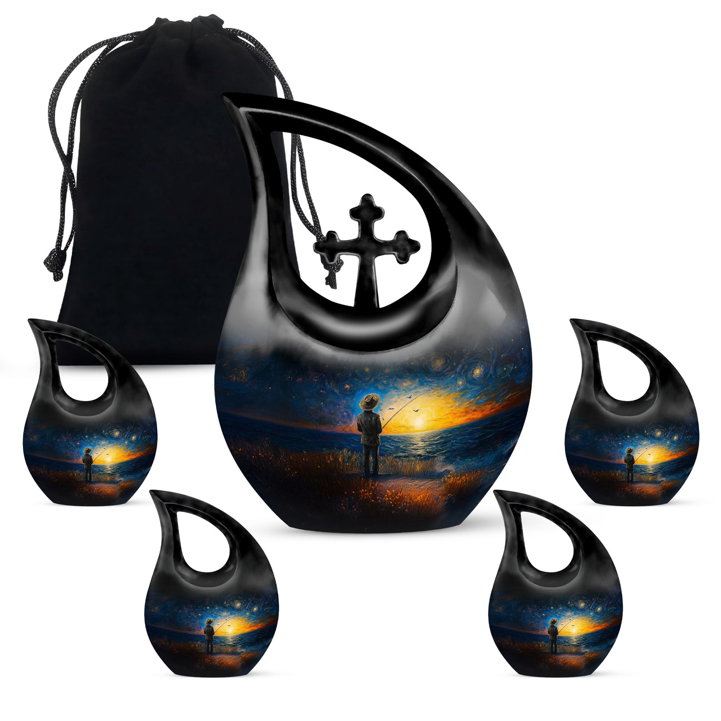 Steel Blue Fishing Cremation Urn urn with complimentary velvet bag - faith-inspired cross-drop urn with fishing pattern - memorial set with one large and four small urns