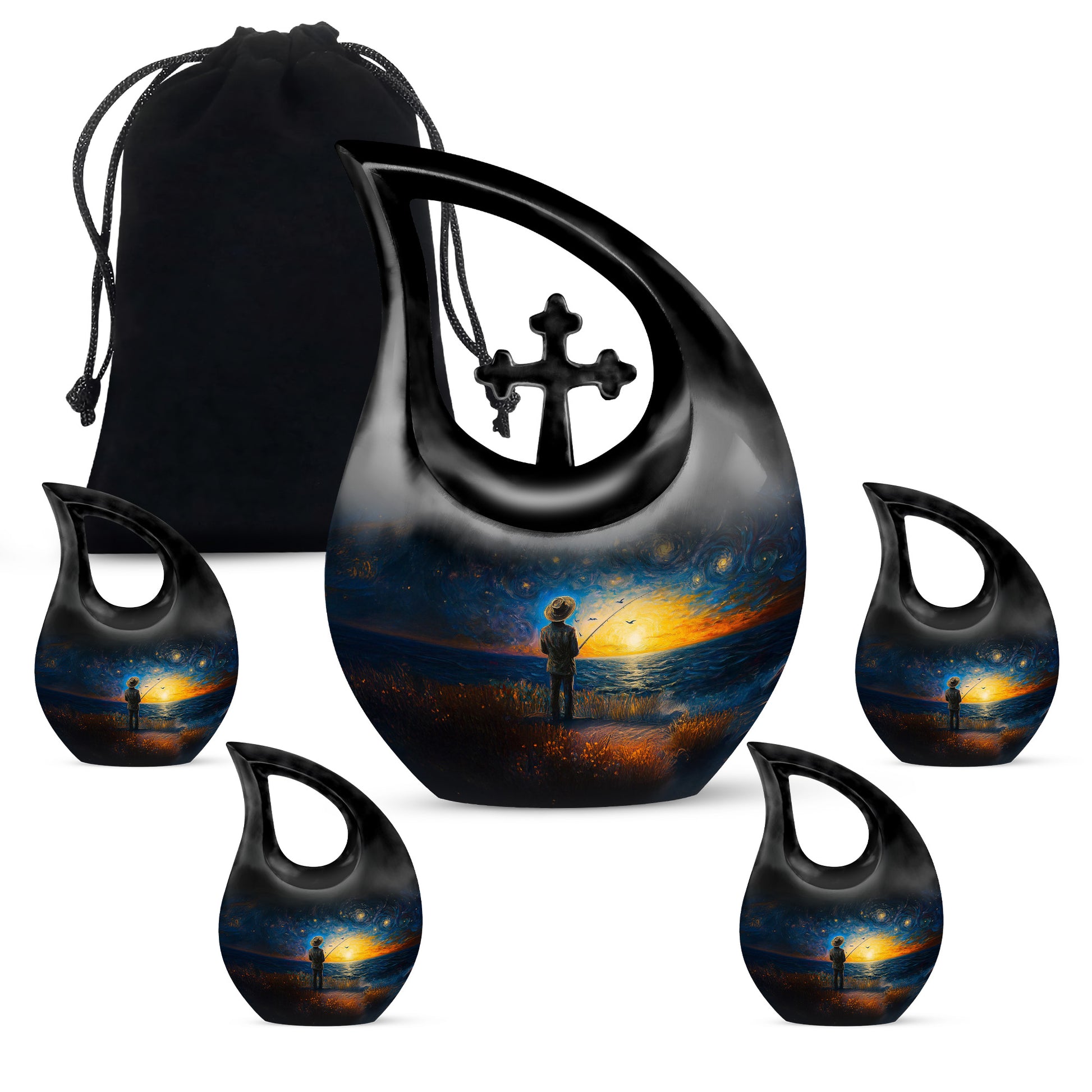 Steel Blue Fishing Cremation Urn urn with complimentary velvet bag - faith-inspired cross-drop urn with fishing pattern - memorial set with one large and four small urns