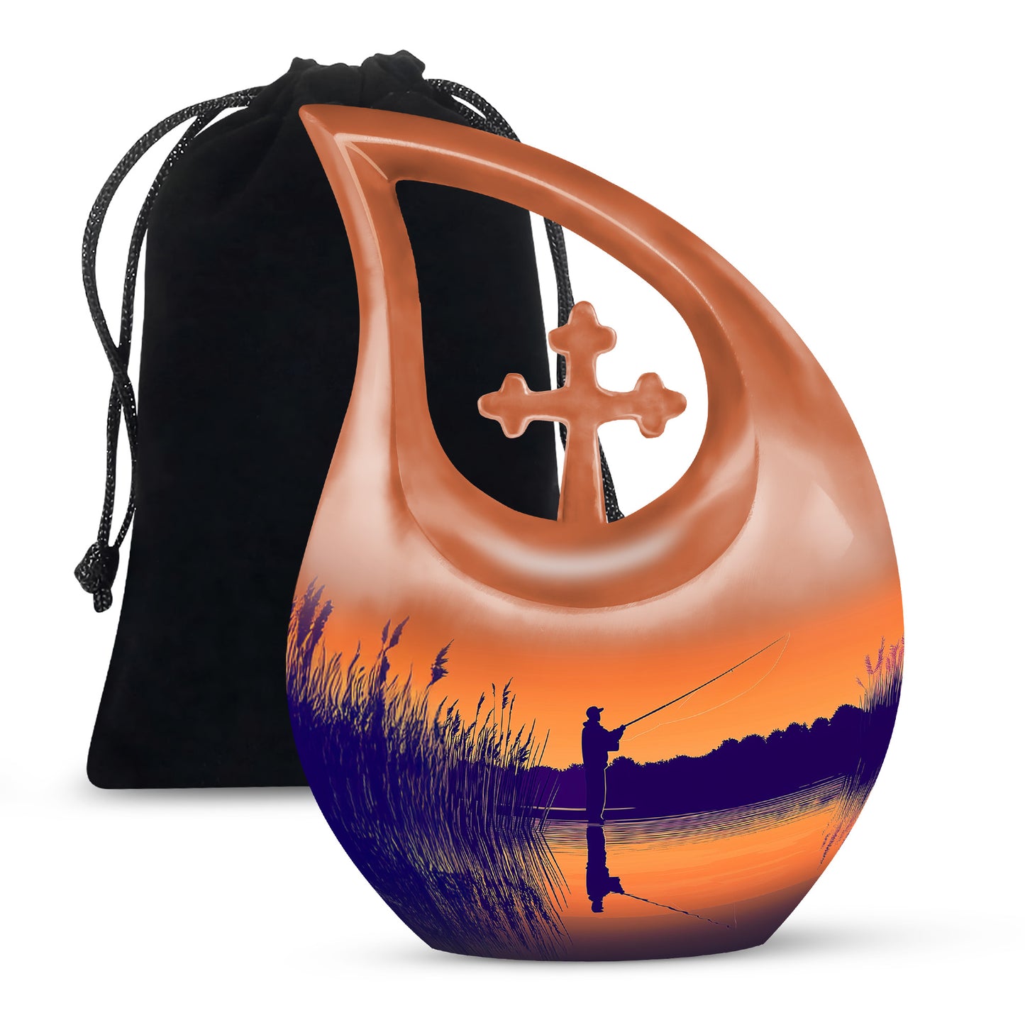 Gilded Gold Fishing Cremation Urn top-down view of secure threaded lid - cross and fishing combined in spiritual memorial design - full-size 10 inch 200 cubic inch adult cremation urn