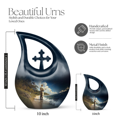 Celestial Blue Fishing Cremation Urn back view with polished surface - sacred cross merged with fishing motif on metal - mini keepsake memorial for portion of cremation ashes