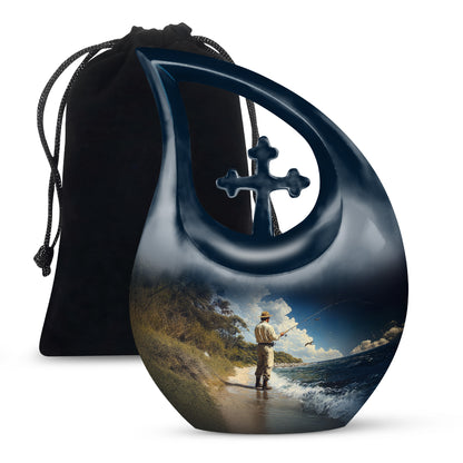 Slate Blue Fishing Cremation Urn top-down view of secure threaded lid - cross and fishing combined in spiritual memorial design - full-size 10 inch 200 cubic inch adult cremation urn