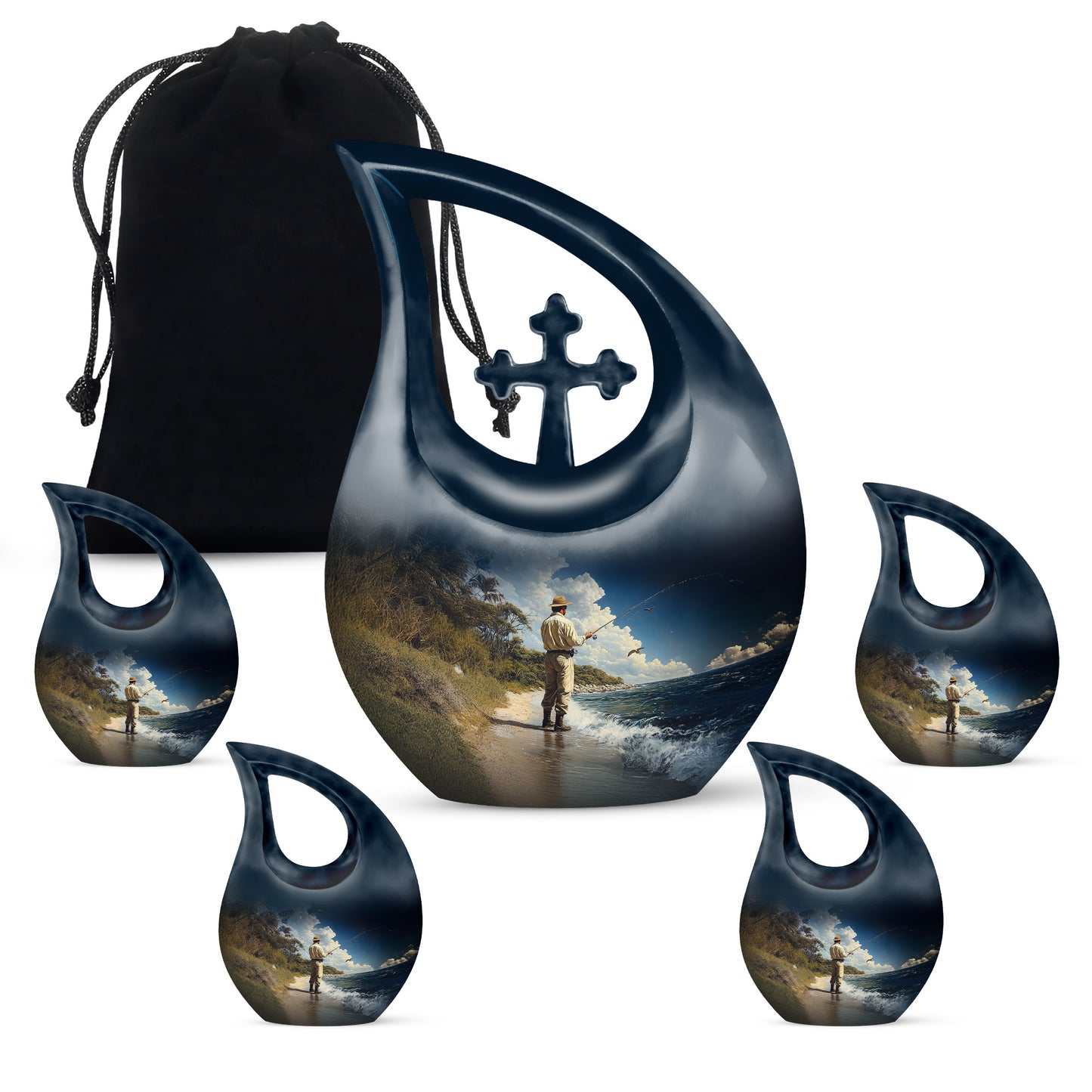 Sky Blue Fishing Cremation Urn urn with complimentary velvet bag - sacred cross merged with fishing motif on metal - memorial set with one large and four small urns
