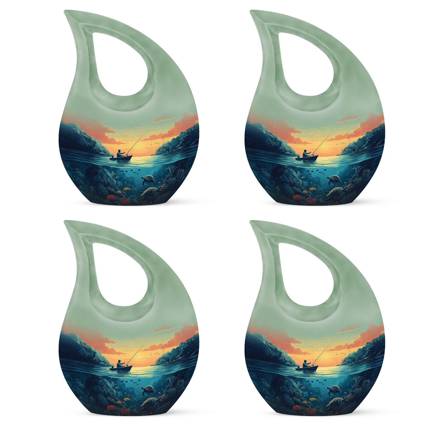 Olive Green Fishing Cremation Urn lifestyle display on memorial shelf - faith-inspired cross-drop urn with fishing pattern - 10 inch aluminum urn for cremated remains