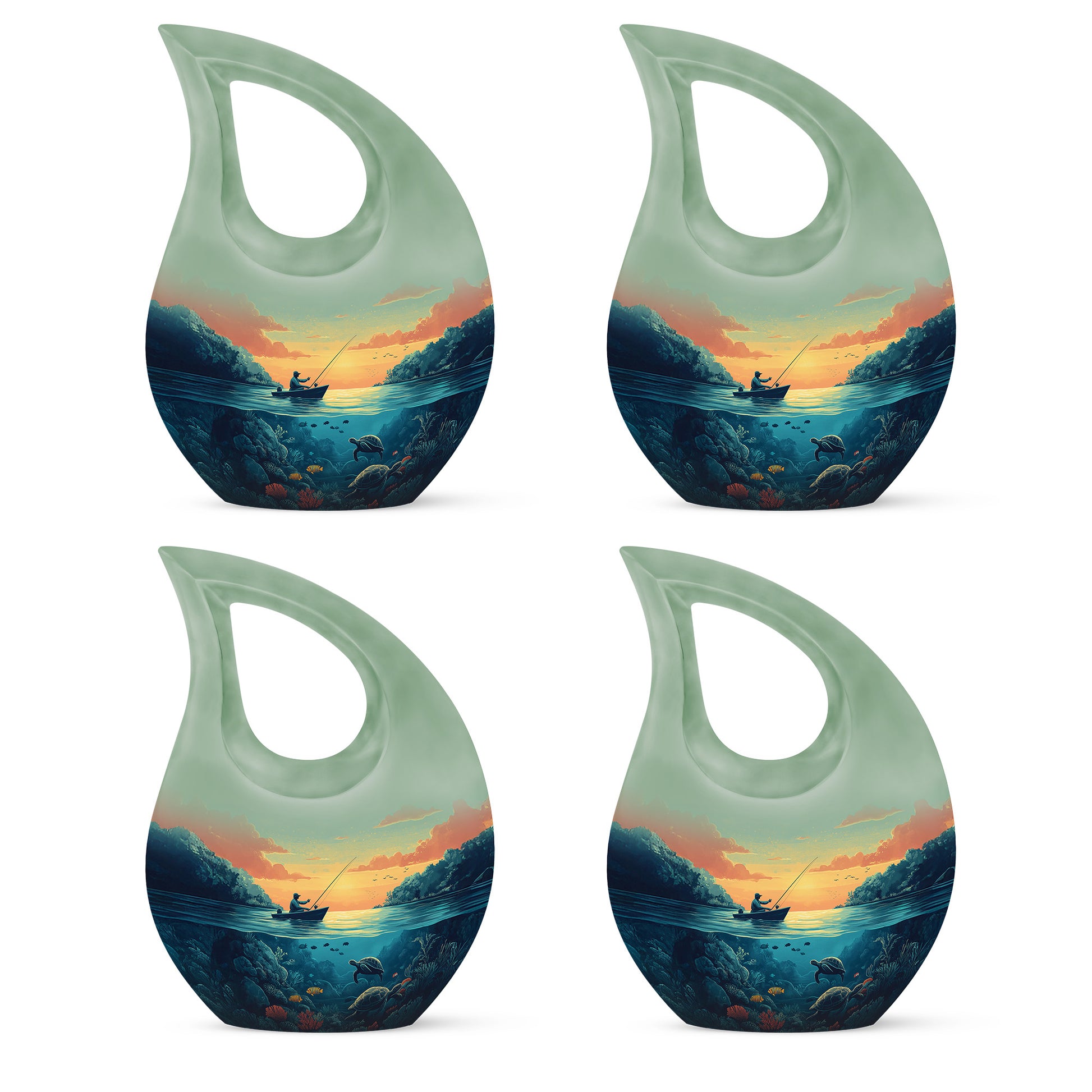 Olive Green Fishing Cremation Urn lifestyle display on memorial shelf - faith-inspired cross-drop urn with fishing pattern - 10 inch aluminum urn for cremated remains