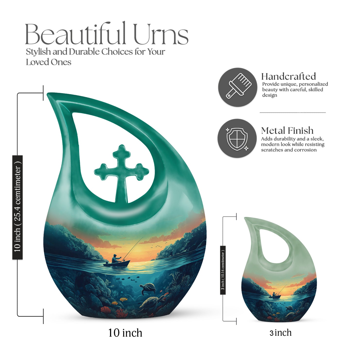 Moss Green Fishing Cremation Urn back view with polished surface - cross and fishing combined in spiritual memorial design - mini keepsake memorial for portion of cremation ashes