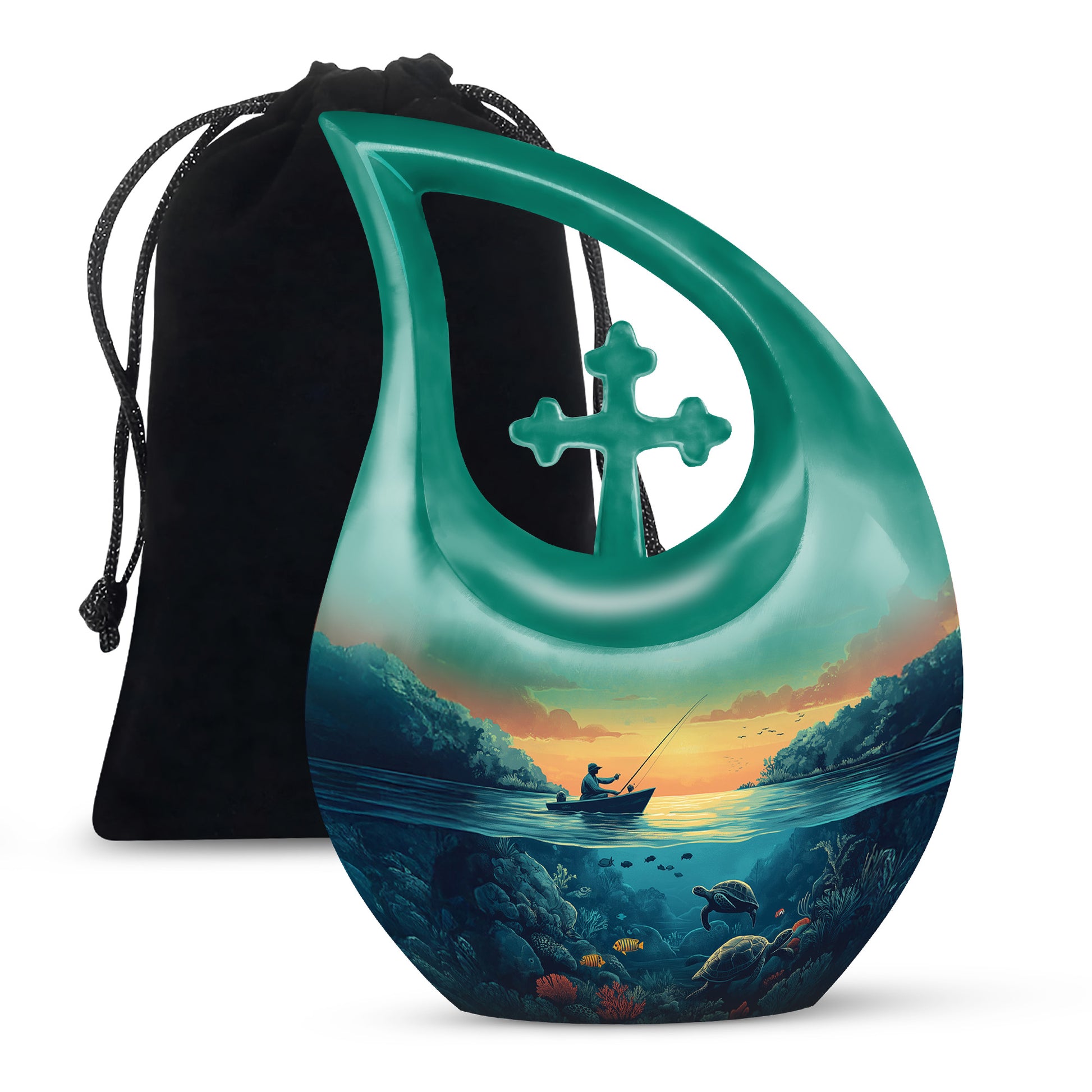 Jade Green Fishing Cremation Urn top-down view of secure threaded lid - cross and fishing combined in spiritual memorial design - full-size 10 inch 200 cubic inch adult cremation urn