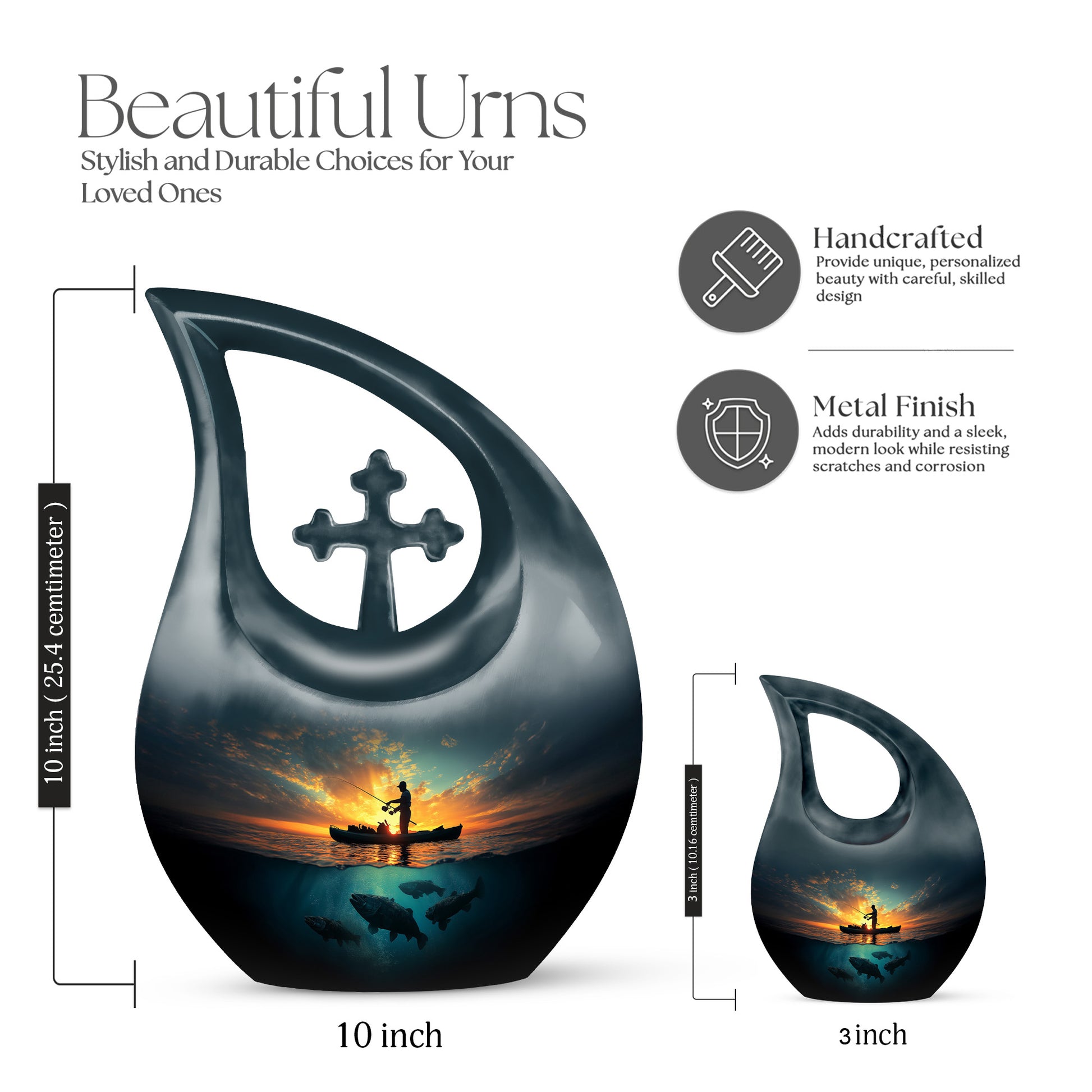 Navy Blue Fishing Cremation Urn back view with polished surface - sacred cross merged with fishing motif on metal - mini keepsake memorial for portion of cremation ashes
