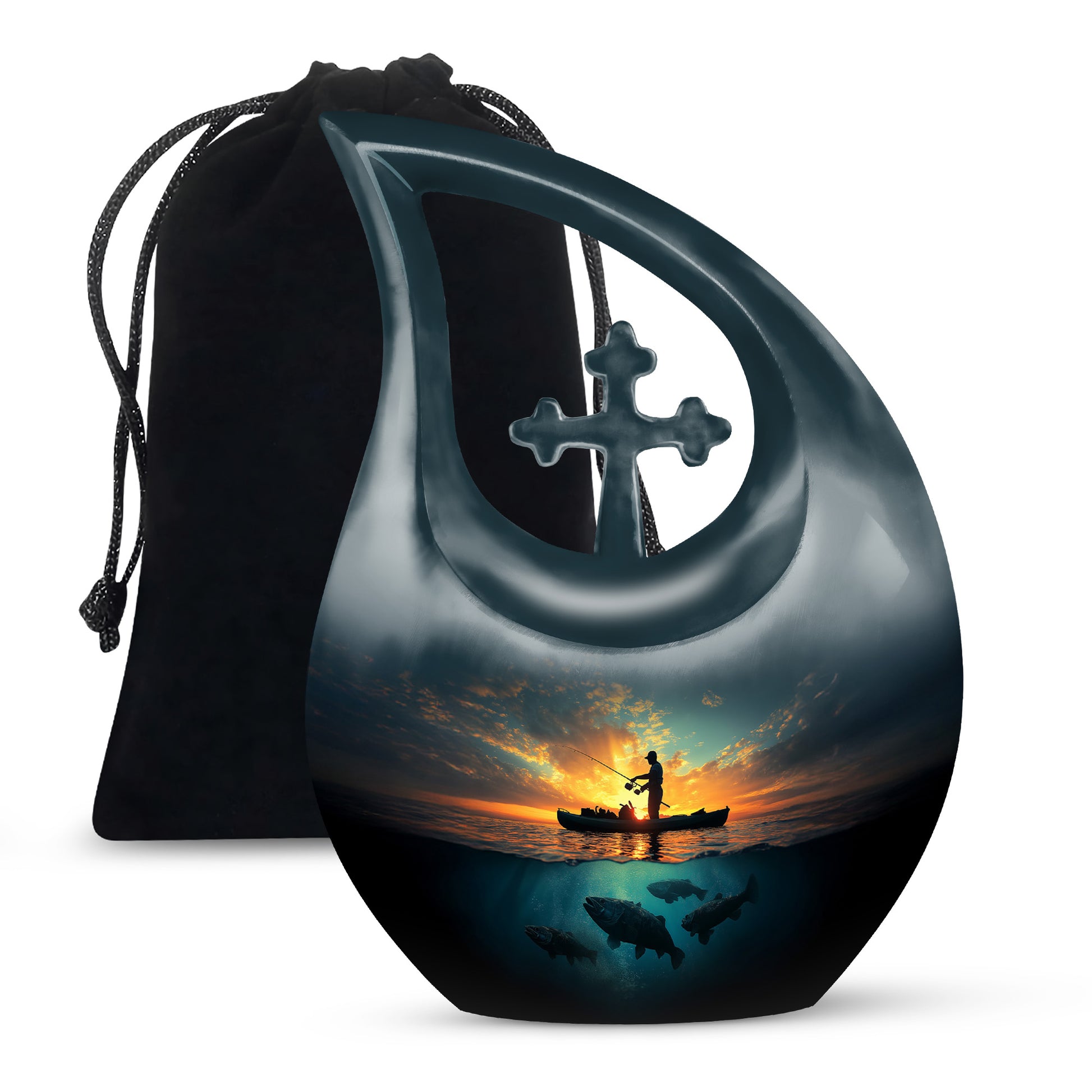 Steel Blue Fishing Cremation Urn top-down view of secure threaded lid - devotional cross-drop fishing engraving - full-size 10 inch 200 cubic inch adult cremation urn