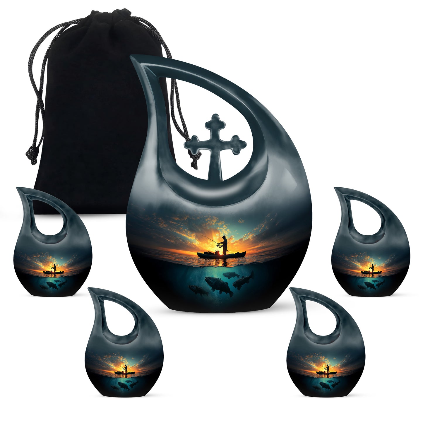 Indigo Fishing Cremation Urn urn with complimentary velvet bag - cross and fishing combined in spiritual memorial design - memorial set with one large and four small urns