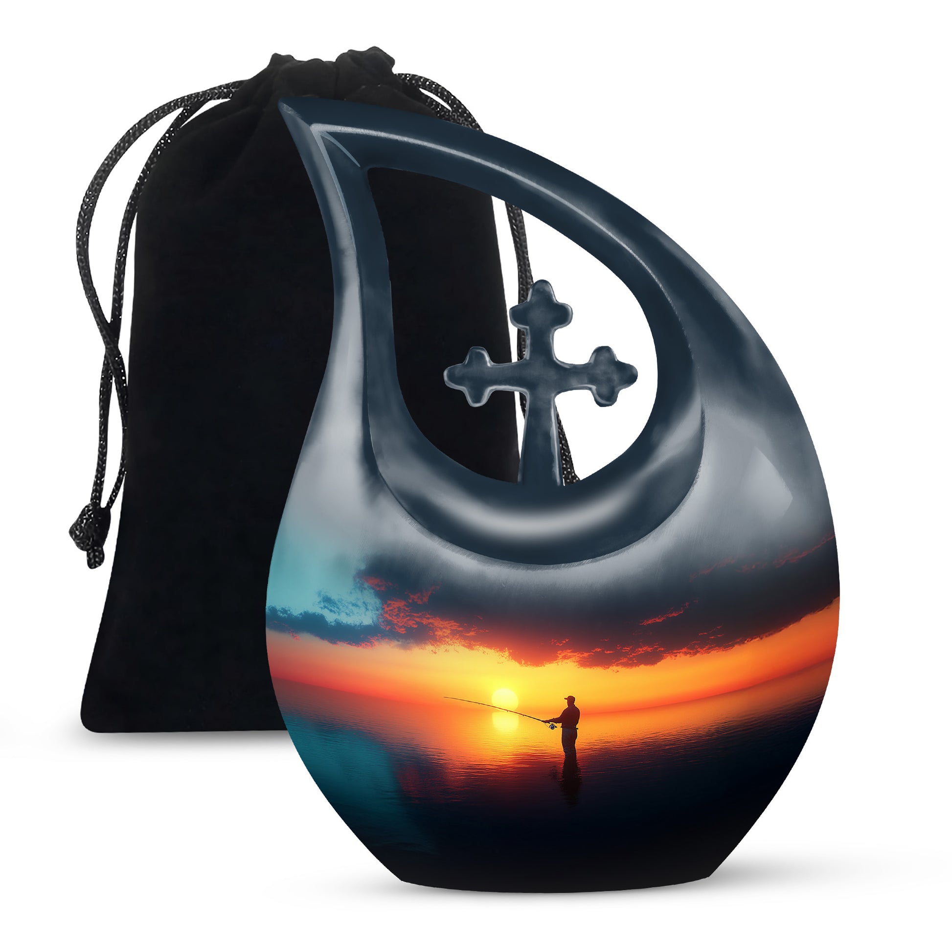 Sky Blue Fishing Cremation Urn top-down view of secure threaded lid - sacred cross merged with fishing motif on metal - full-size 10 inch 200 cubic inch adult cremation urn